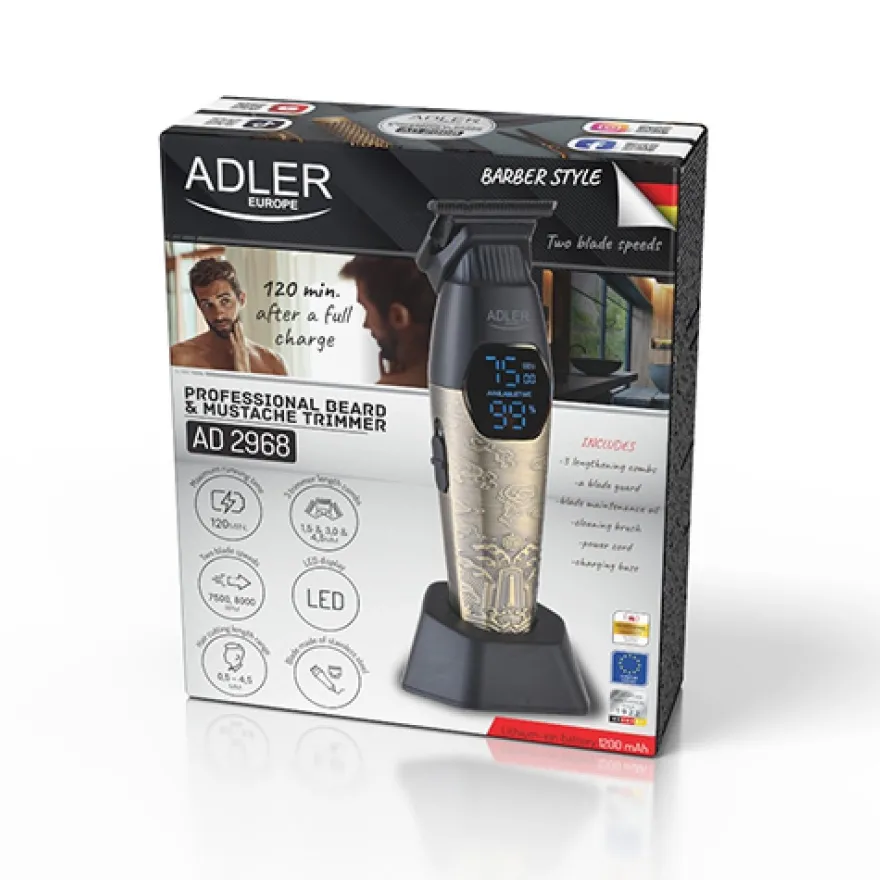 Adler AD 2968 Barttrimmer füt Herrem mit 2 Geschwindigkeitsstufen, LED-Display