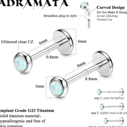 Adramata 2Pcs G23 Titan Labret Piercing mit flacher Rückseite, CZ & Opal, für
