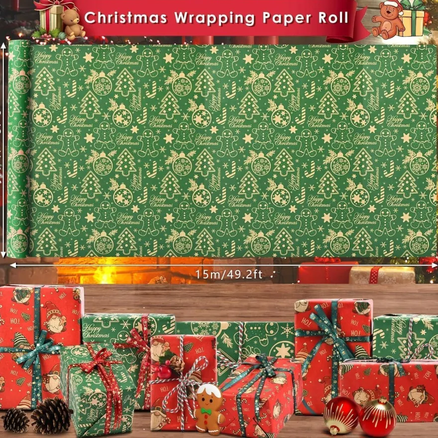 AhfuLife 2 Rollen Weihnachtsgeschenkpapier Set, 43cm x 15m Nature Kraftpapier