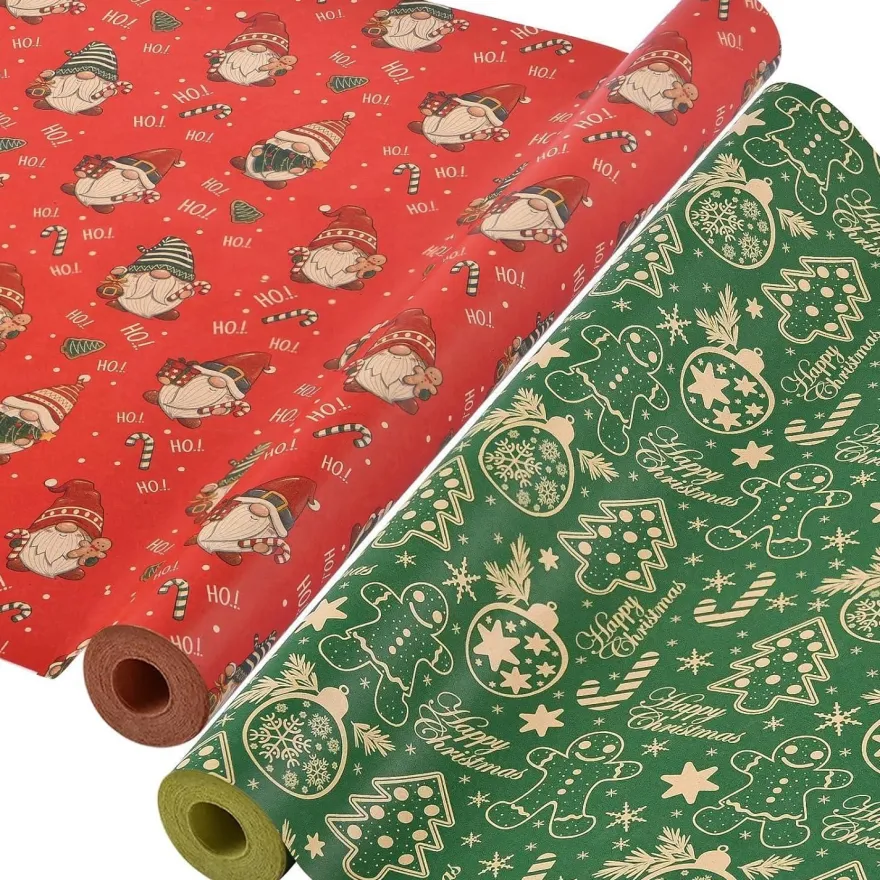 AhfuLife 2 Rollen Weihnachtsgeschenkpapier Set, 43cm x 15m Nature Kraftpapier