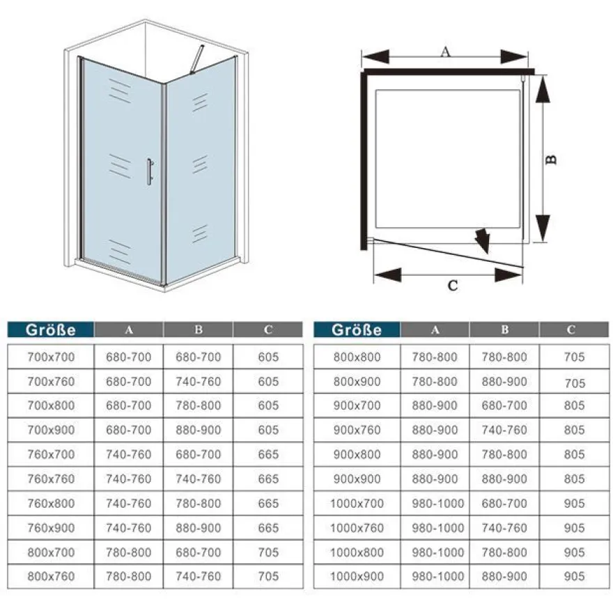 AICA 100x90cm x H.195cm Drehtür & Seitenwand Duschkabinen 6mm NANO ESG-Glas