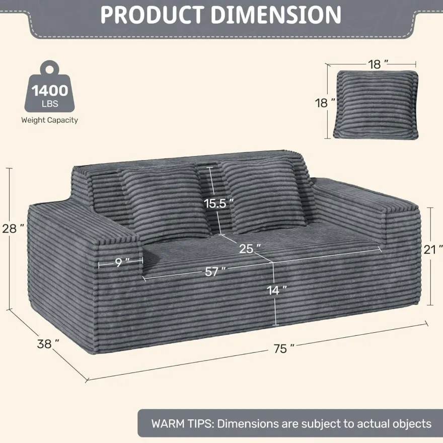 Aivermeil Boneless Couch Cord Sofa mit Schlaffunktion, 2-3 Sitzer, Grau, Keine