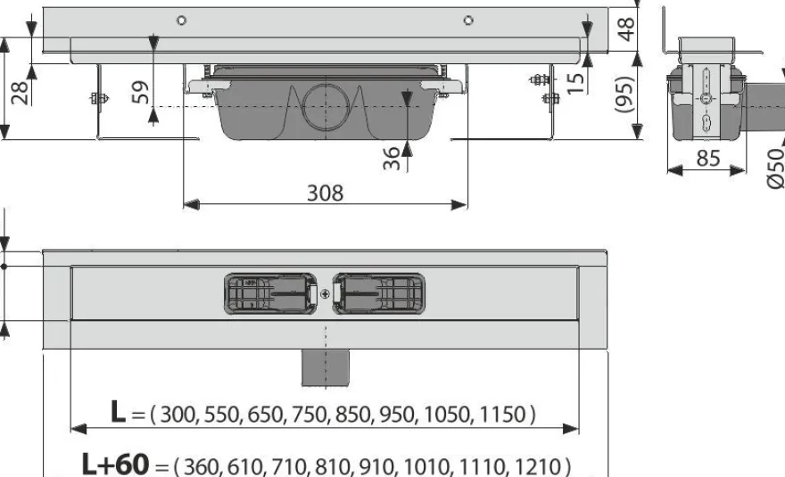 Alcadrain APZ16 Wall Duschrinne mit Rand für den vollen Rost 550mm