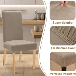 Alishomtll 6er Set Stretch Samt Stuhlhussen Khaki, Velvet/Velour Stuhlbezug für