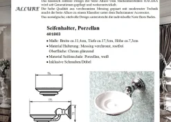 Allure Seifenschale mit Halterung Messing Verchromt mit Porzellan Schale