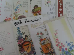 alte edle Grußkarten zum Geburtstag Blumen Igel Trommler Vögelchen ....