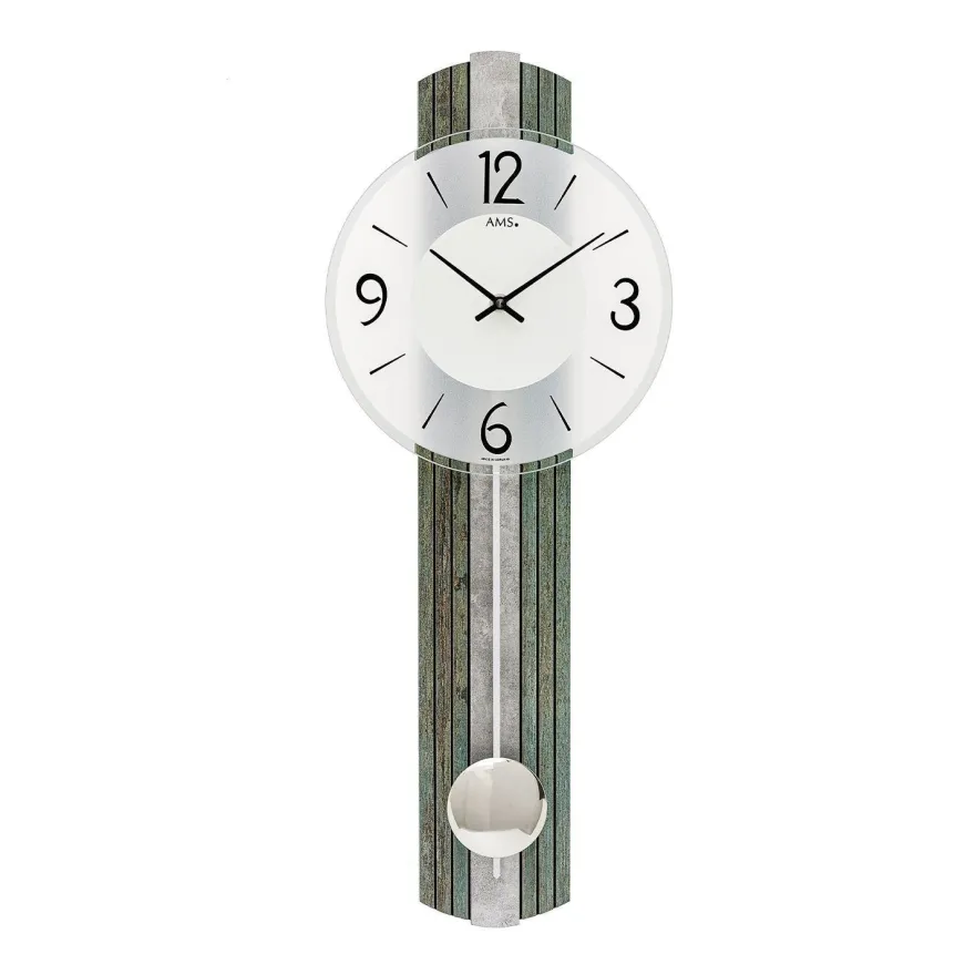 AMS W7488 Pendelwanduhr mit Holzstruktur und Silberantik-Auflage