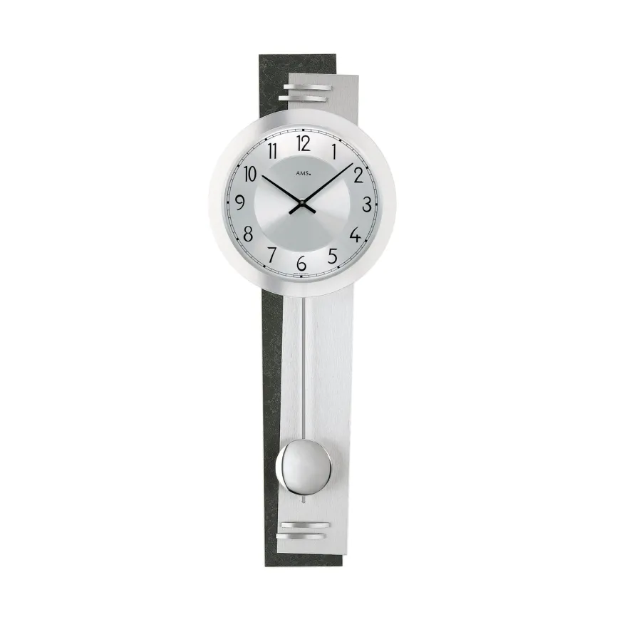 AMS W7255 Pendelwanduhr mit Schiefer-Applikation und geschliffenem Aluminium