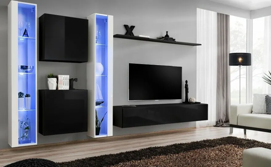 Anbauwand Wohnwand Wohnzimmer Schrankwand SWITCH XVI Hochglanz PVC PushClick Led