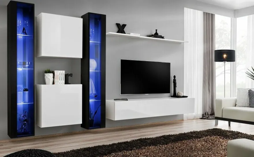 Anbauwand Wohnwand Wohnzimmer Schrankwand SWITCH XVI Hochglanz PVC PushClick Led