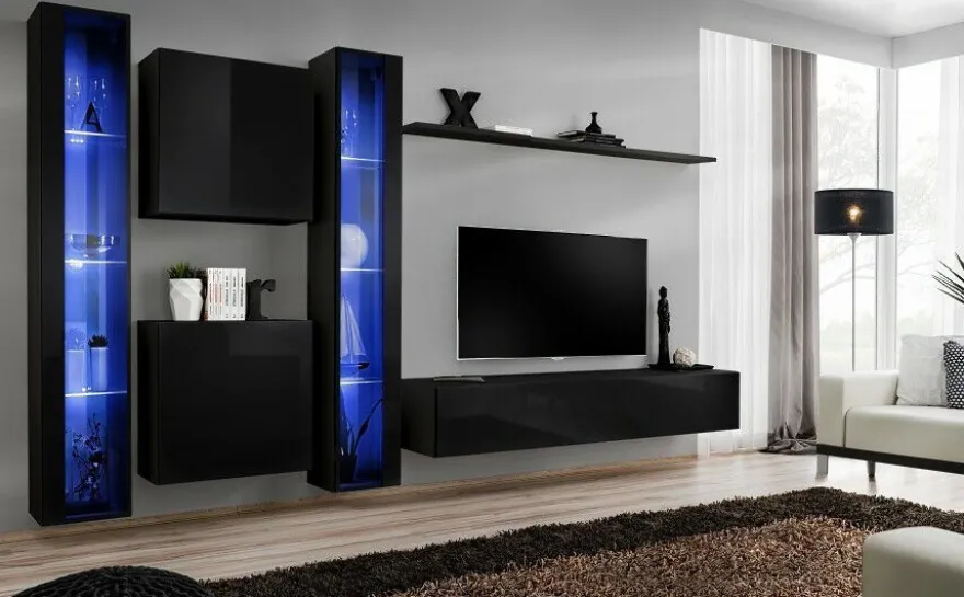 Anbauwand Wohnwand Wohnzimmer Schrankwand SWITCH XVI Hochglanz PVC PushClick Led