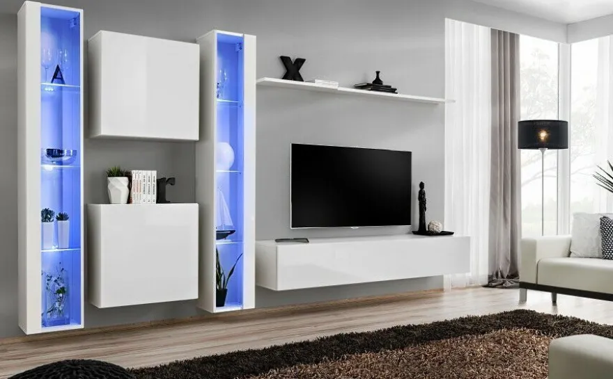 Anbauwand Wohnwand Wohnzimmer Schrankwand SWITCH XVI Hochglanz PVC PushClick Led