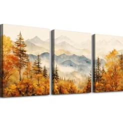 Aquarell Gold Wald Leinwand Bilder Set Wohnzimmer 30cm x 40cm x 3