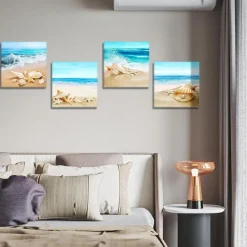 Artscope 4-teiliges Leinwandbild mit Strandmuscheln und Meer Motiv, moderner