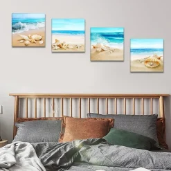 Artscope 4-teiliges Leinwandbild mit Strandmuscheln und Meer Motiv, moderner