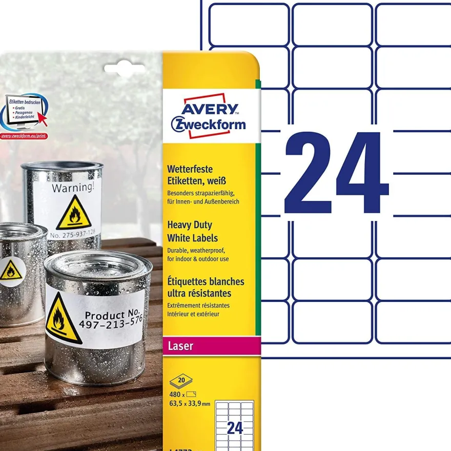 AVERY Zweckform L4773-20 Wetterfeste Folienetiketten (63,5x33,9 mm auf DIN A4, extrem