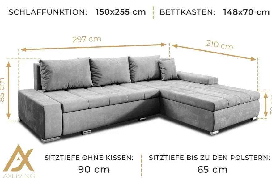 AX LIVING Eckcouch mit Bettfunktion Tunceli Grau - 297 cm breit Modern