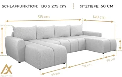 AX LIVING Ecksofas groß Ferrande 317 cm - Sofa schwarz mit Schlaffunktion & Struktur