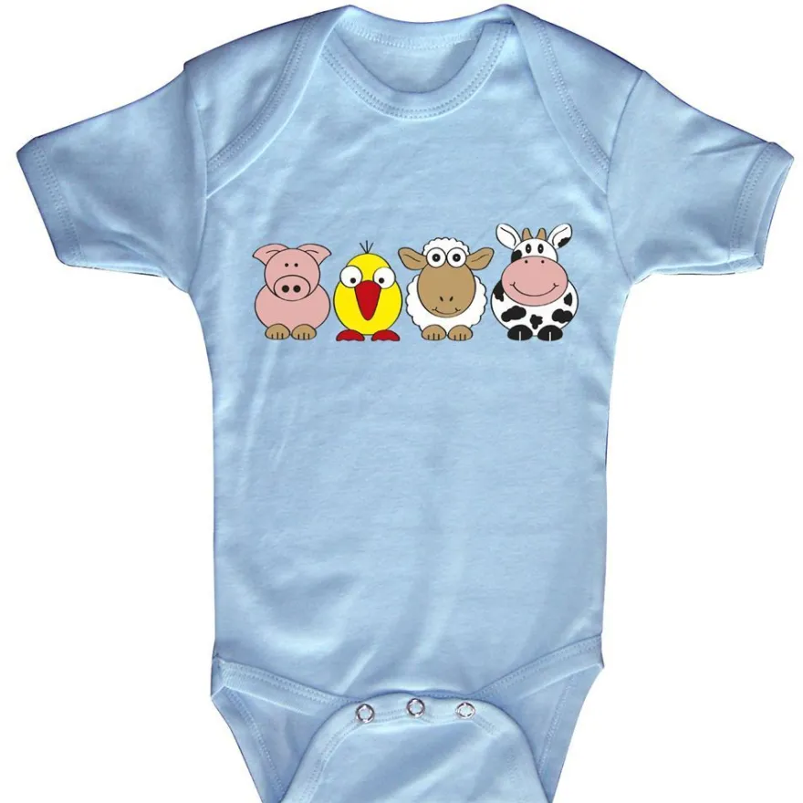 Babystrampler mit Print - Ferkel Vogel Schaf Kuh - 08498 hellblau Gr. 0-24 Monate