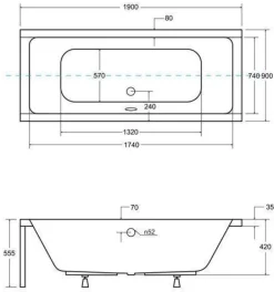 Badewanne Rechteck 190x90 Acrylschürze Ablage Kopfstütze Ablauf und Füße GRATIS