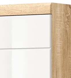Badezimmer Bad Möbel Set weiß Hochglanz Eiche Badset mit Hochschrank Mambo 112 cm