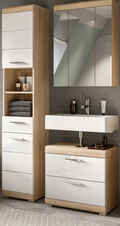 Badezimmer Bad Möbel Set weiß Hochglanz Eiche Badset mit Hochschrank Mambo 112 cm