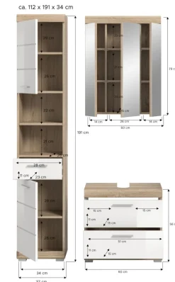 Badezimmer Bad Möbel Set weiß Hochglanz Eiche Badset mit Hochschrank Mambo 112 cm