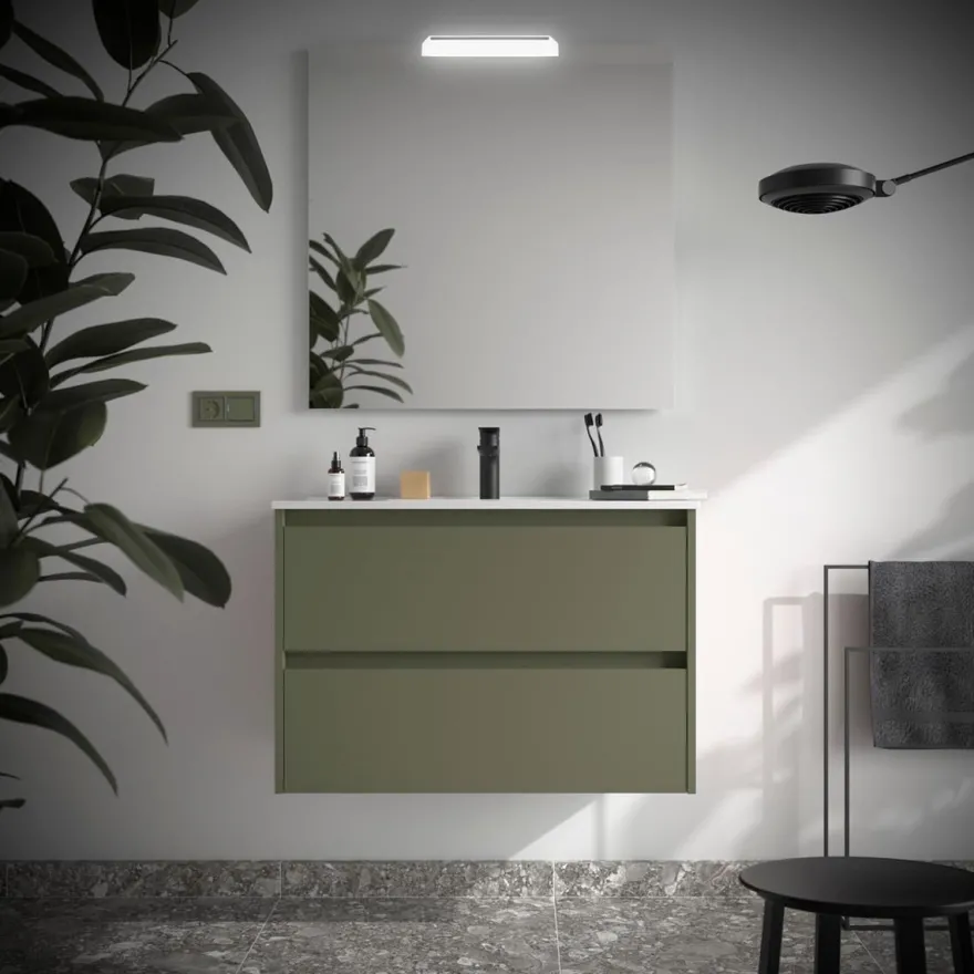 Badezimmermöbel BALTIC 900 2 Schubladen GREEN SATIN + Waschtisch + Spiegel