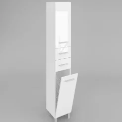 Badezimmerschrank Hochschrank mit Wäschekorb SW15 188x40 cm Weiß Hochglanz