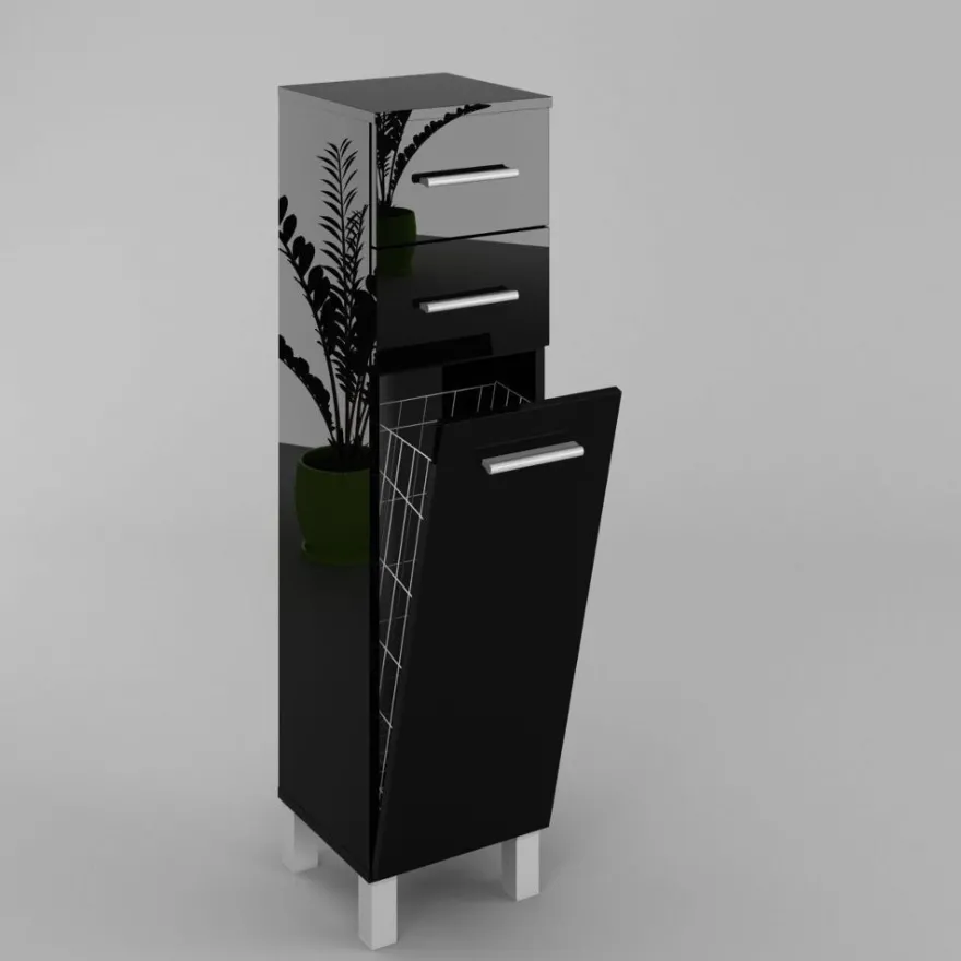 Badezimmerschrank Schrank mit Wäschekorb SN5 40 cm in Schwarz Hochglanz