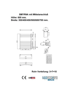 Badheizkörper SMYRNA Weiß 450 x 600 mm. Gerade oder Gebogen