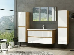 Badmöbel Set Eiche Artizan Weiss Hochglanz Badezimmermöbel 90 cm Bad Schränke Leonar