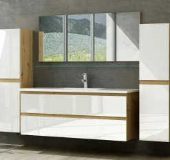 Badmöbel Set Eiche Artizan Weiss Hochglanz Badezimmermöbel 90 cm Bad Schränke Leonar