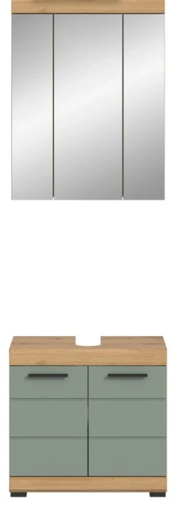 Badmöbel Set mit Waschbeckenunterschrank Spiegelschrank in Salbei grün Eiche Shawn