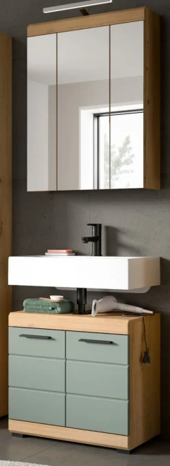 Badmöbel Set mit Waschbeckenunterschrank Spiegelschrank in Salbei grün Eiche Shawn