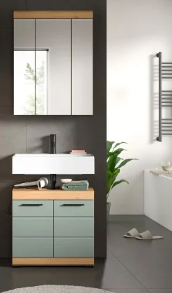 Badmöbel Set mit Waschbeckenunterschrank Spiegelschrank in Salbei grün Eiche Shawn