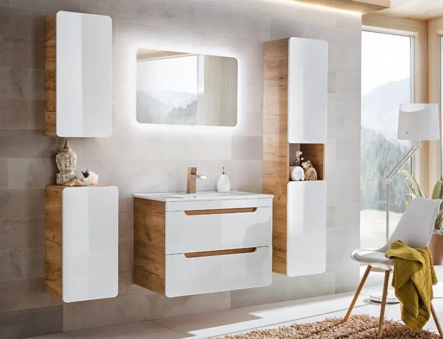 Badmöbel Set 5-tlg Badezimmerset FERMO Weiss HGL inkl. Waschtisch 60cm