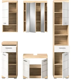 Bad Möbel Set weiß Hochglanz Eiche Badezimmer Badset komplett Badschrank Mambo