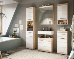 Bad Möbel Set weiß Hochglanz Eiche Badezimmer Badset komplett Badschrank Mambo
