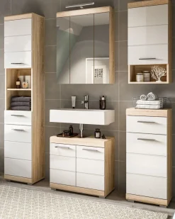 Bad Möbel Set weiß Hochglanz Eiche Badezimmer Badset komplett Badschrank Mambo