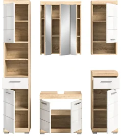 Bad Möbel Set weiß Hochglanz Eiche Badezimmer Badset komplett Badschrank Mambo