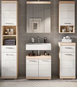 Bad Möbel Set weiß Hochglanz Eiche Badezimmer Badset komplett Badschrank Mambo