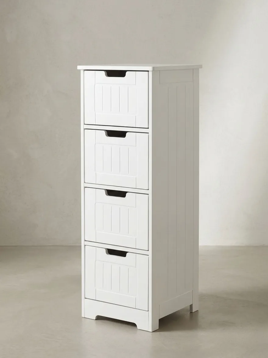 Badschrank Weiß 30x83x30 cm im Landhausstil aus MDF mit 4 Schubladen PATTI