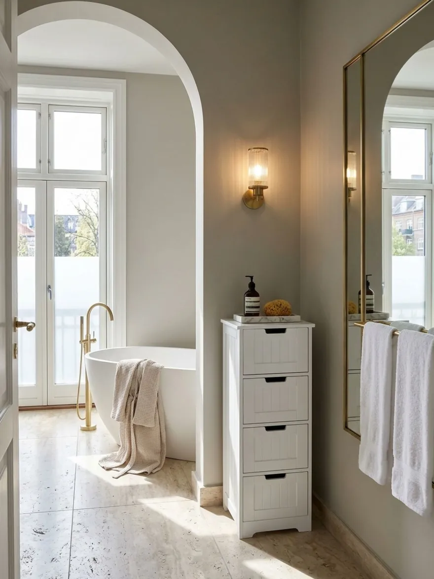 Badschrank Weiß 30x83x30 cm im Landhausstil aus MDF mit 4 Schubladen PATTI