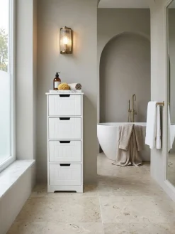 Badschrank Weiß 30x83x30 cm im Landhausstil aus MDF mit 4 Schubladen PATTI