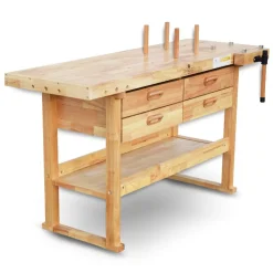 BAMATO Hobelbank WORK-1640 aus Massivholz Werkbank mit Spannzange 4 Schubladen