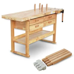 BAMATO Hobelbank WORK-1640 aus Massivholz Werkbank mit Spannzange 4 Schubladen