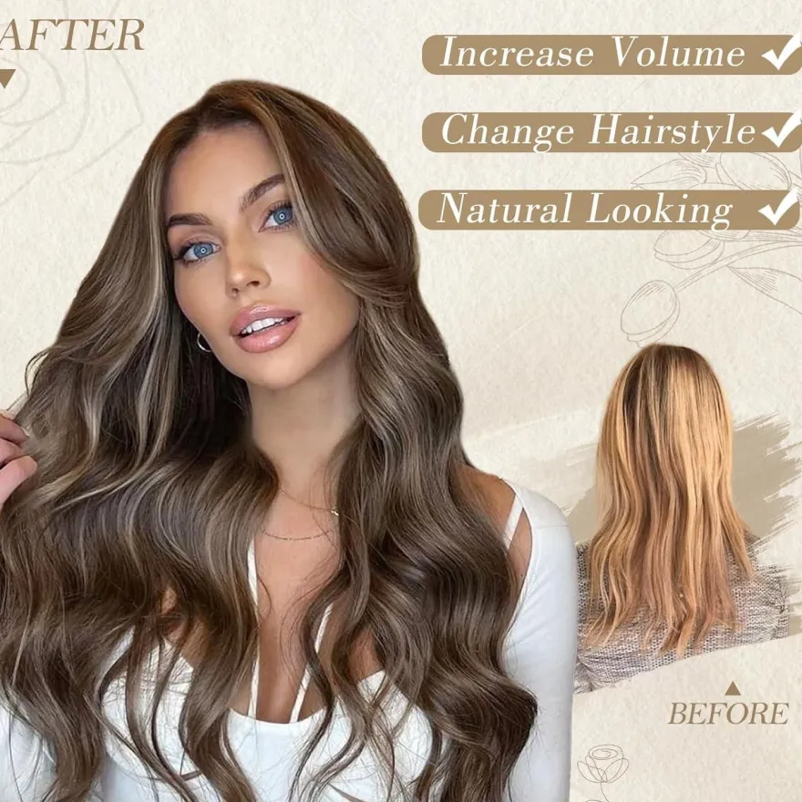 Barsdar Lange Wellige Blond Highlight Perücke 66cm Mittelscheitel Lockig
