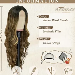 Barsdar Lange Wellige Blond Highlight Perücke 66cm Mittelscheitel Lockig