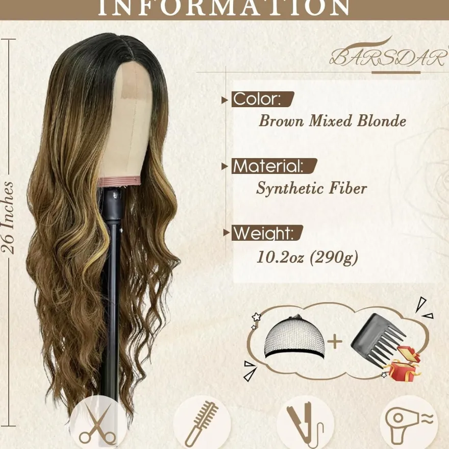 Barsdar Lange Wellige Blond Highlight Perücke 66cm Mittelscheitel Lockig
